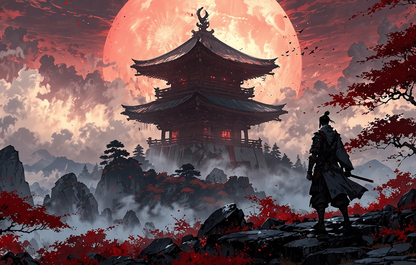 Фото обои небо, горы, птицы, камни, дерево, Самурай, Samurai, Dojo
