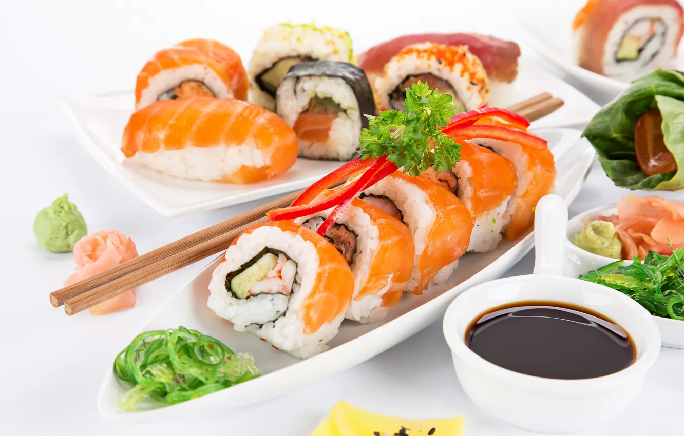 Фото обои рыба, соус, sushi, суши, fish, роллы, seafoods