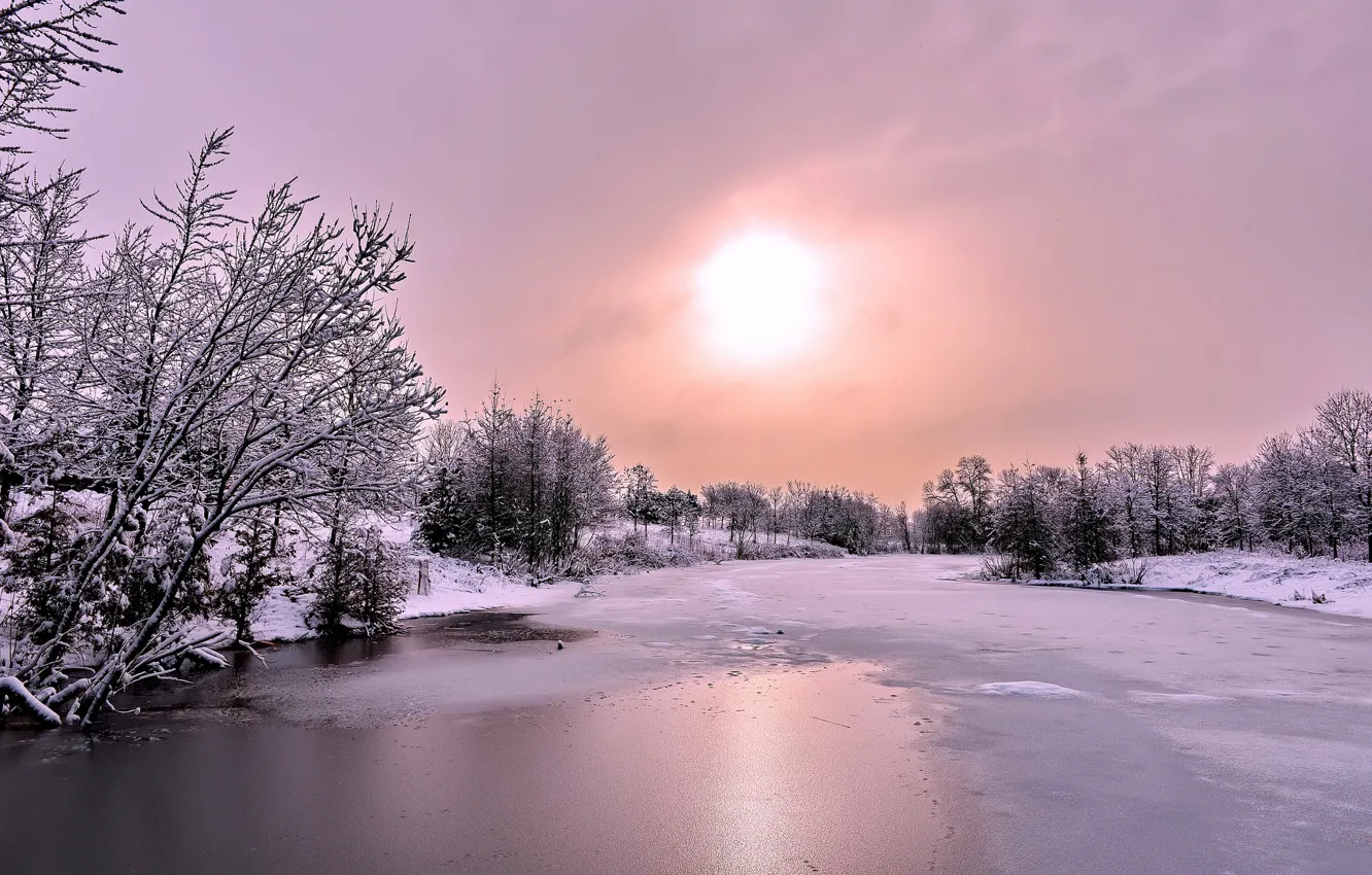 Фото обои лед, зима, лес, солнце, облака, снег, река
