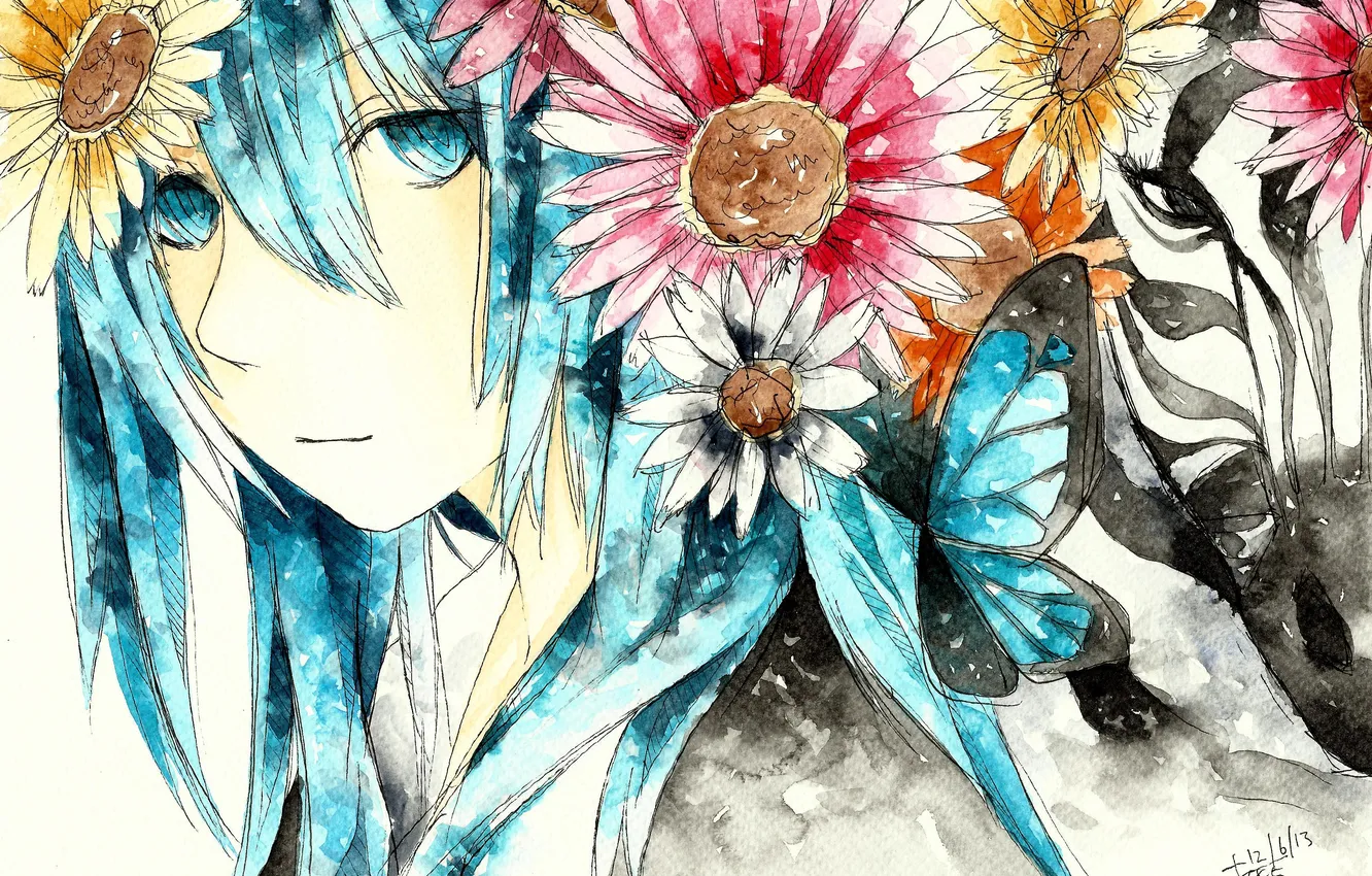 Фото обои девушка, цветы, лицо, бабочка, аниме, арт, vocaloid, hatsune miku