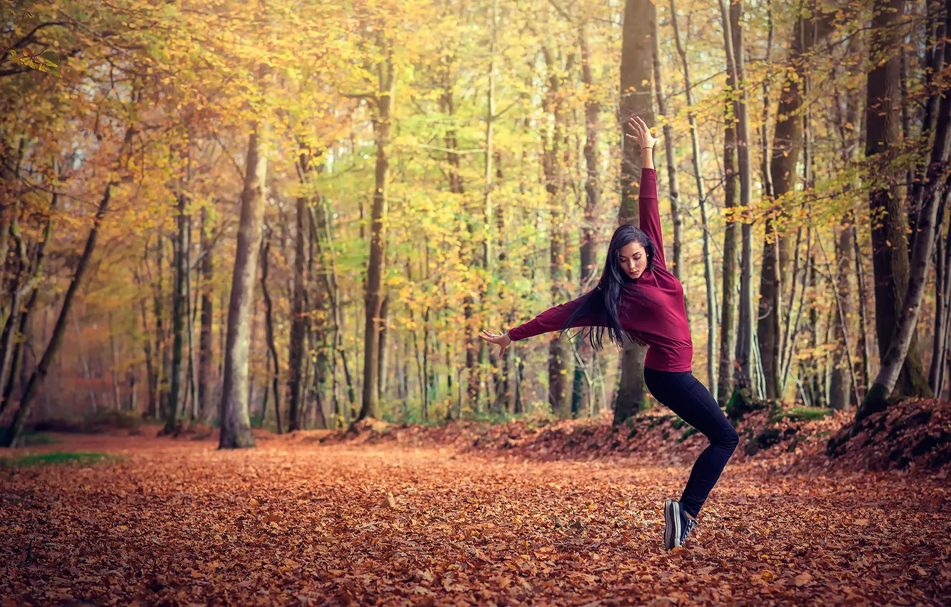 Фото обои осень, лес, девушка, танец, Leslie