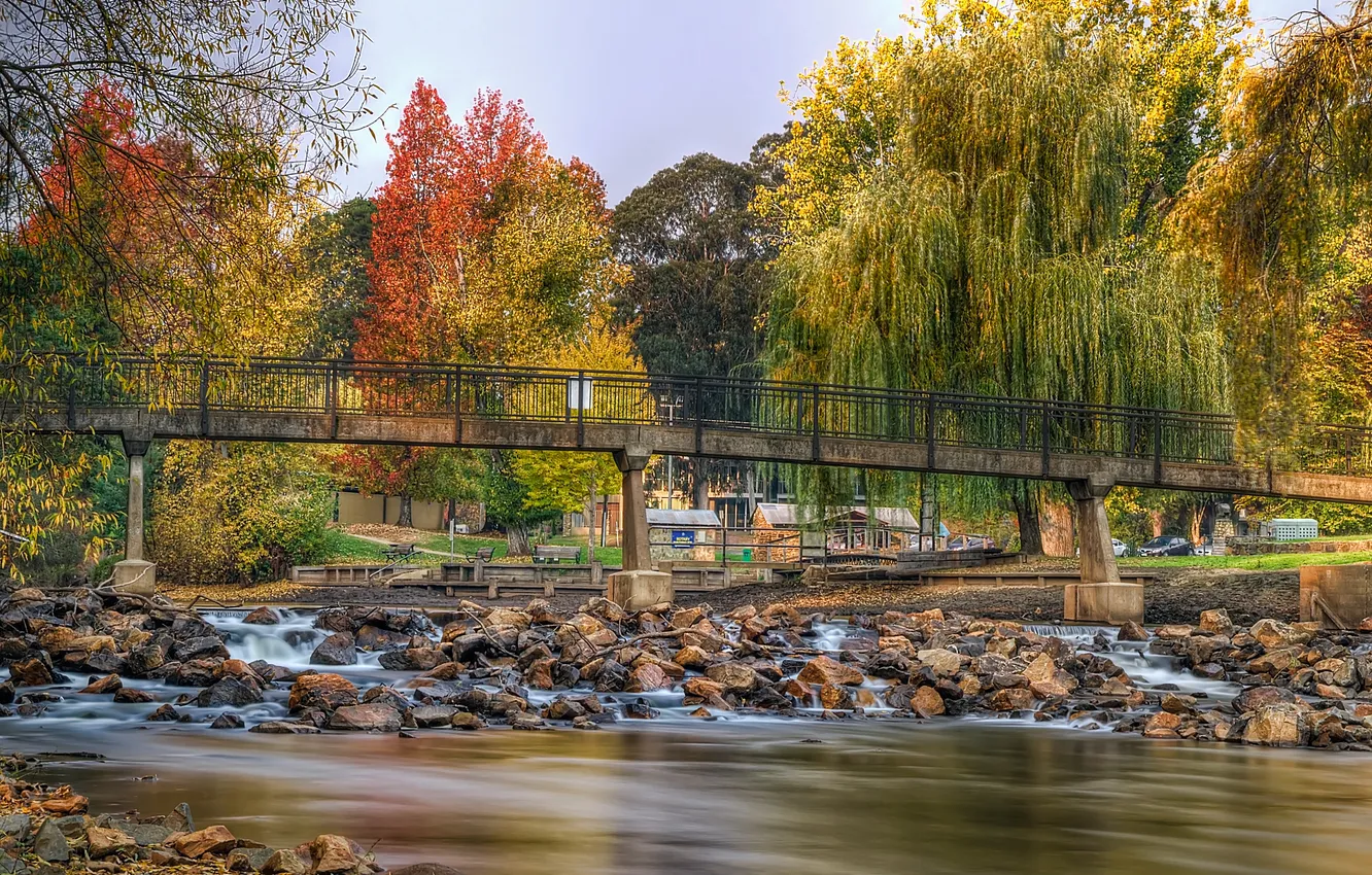 Фото обои осень, небо, листья, деревья, мост, природа, дом, река
