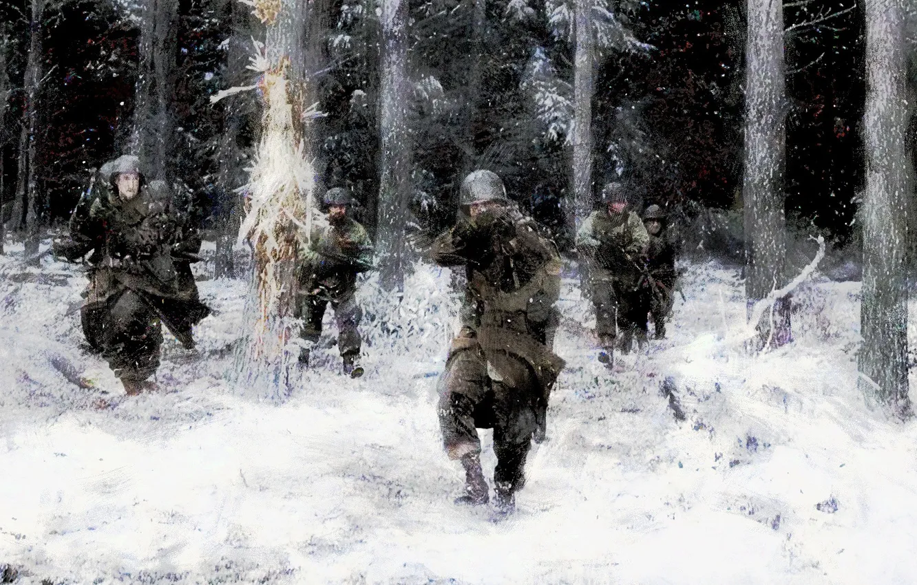 Фото обои зима, лес, снег, атака, рисунок, бой, Солдаты