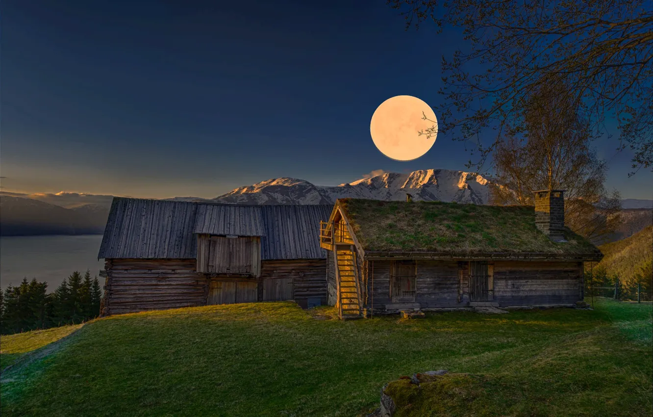 Фото обои пейзаж, горы, природа, рассвет, луна, дома, утро, Норвегия