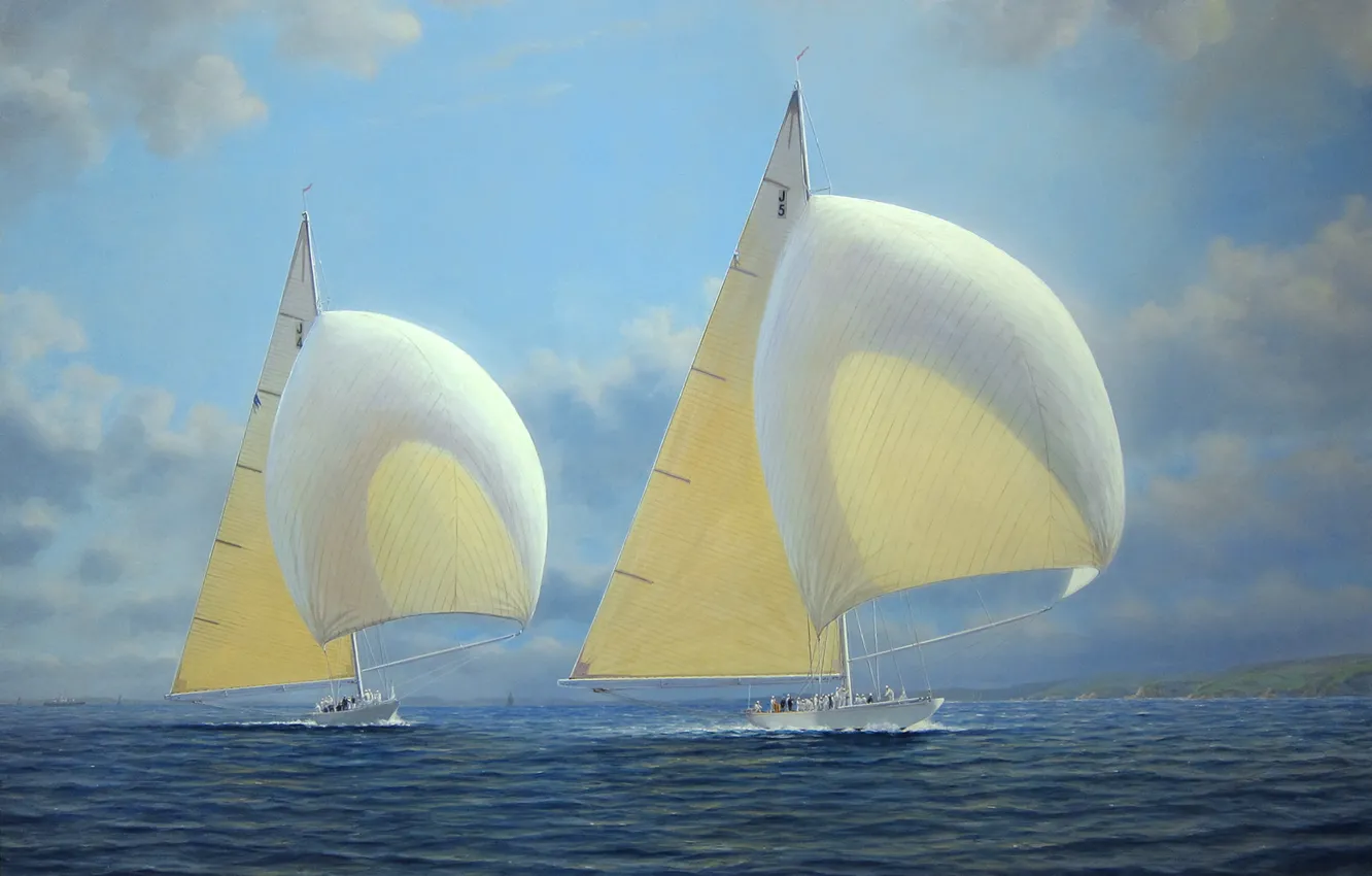 Фото обои море, ветер, картина, паруса, парусники, Tim Thompson, Rainbow and Ranger