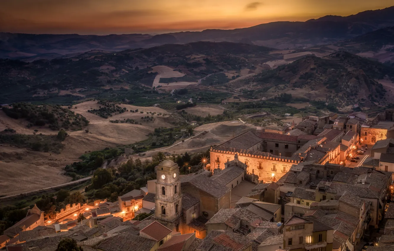 Фото обои закат, здания, дома, вечер, Италия, панорама, Italy, Sicily