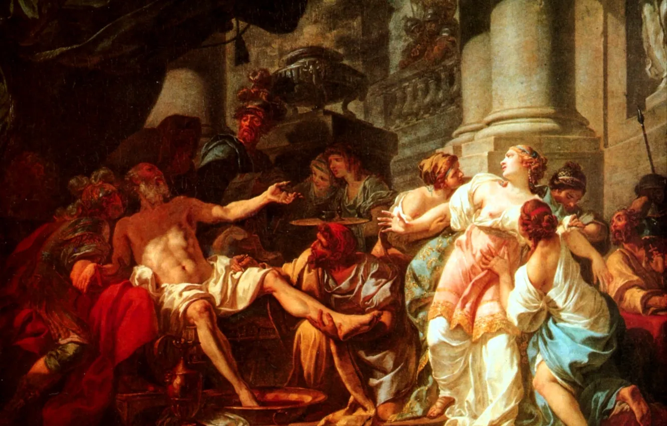 Фото обои люди, картина, кресло, колонны, Смерть Сенеки, Jacques-Louis David