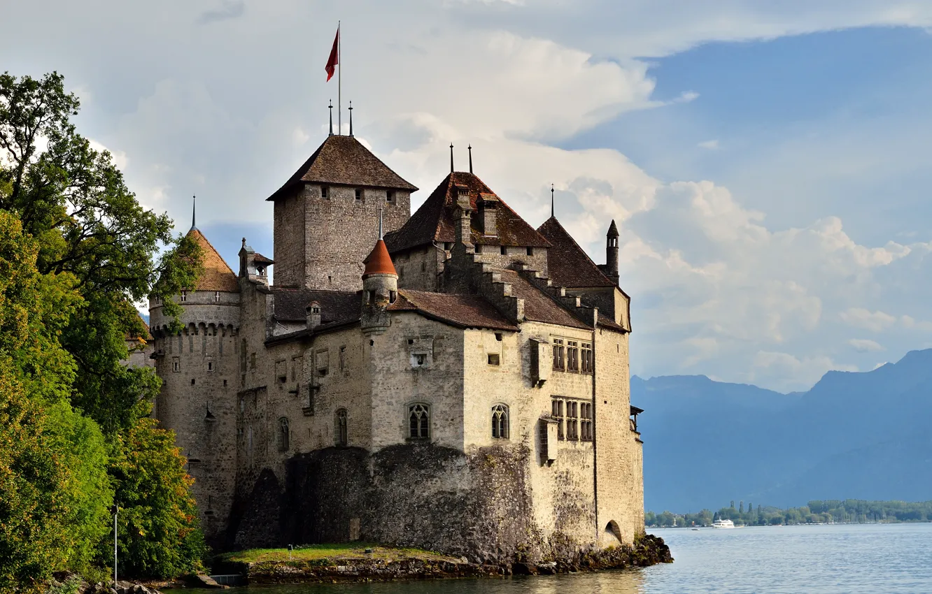Фото обои горы, озеро, замок, Швейцария, Montreux, Chillon Castle