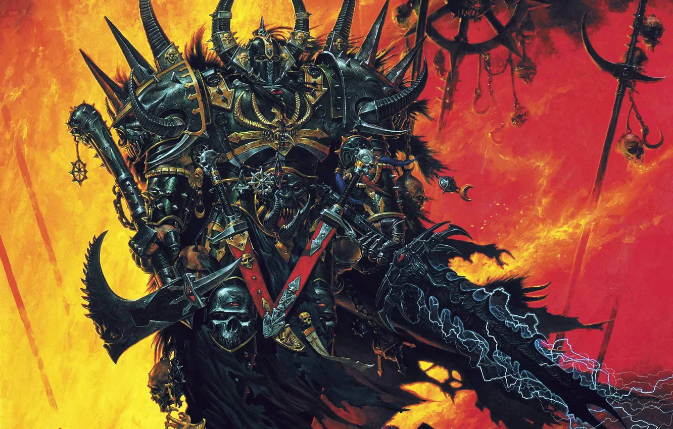 Фото обои меч, доспехи, Хаос, воин, топор, Fantasy, warhammer, трупы