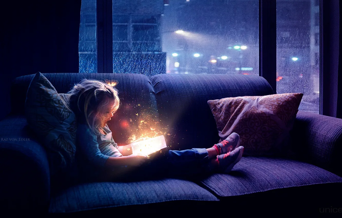 Фото обои бабочки, ночь, магия, окно, девочка, книга