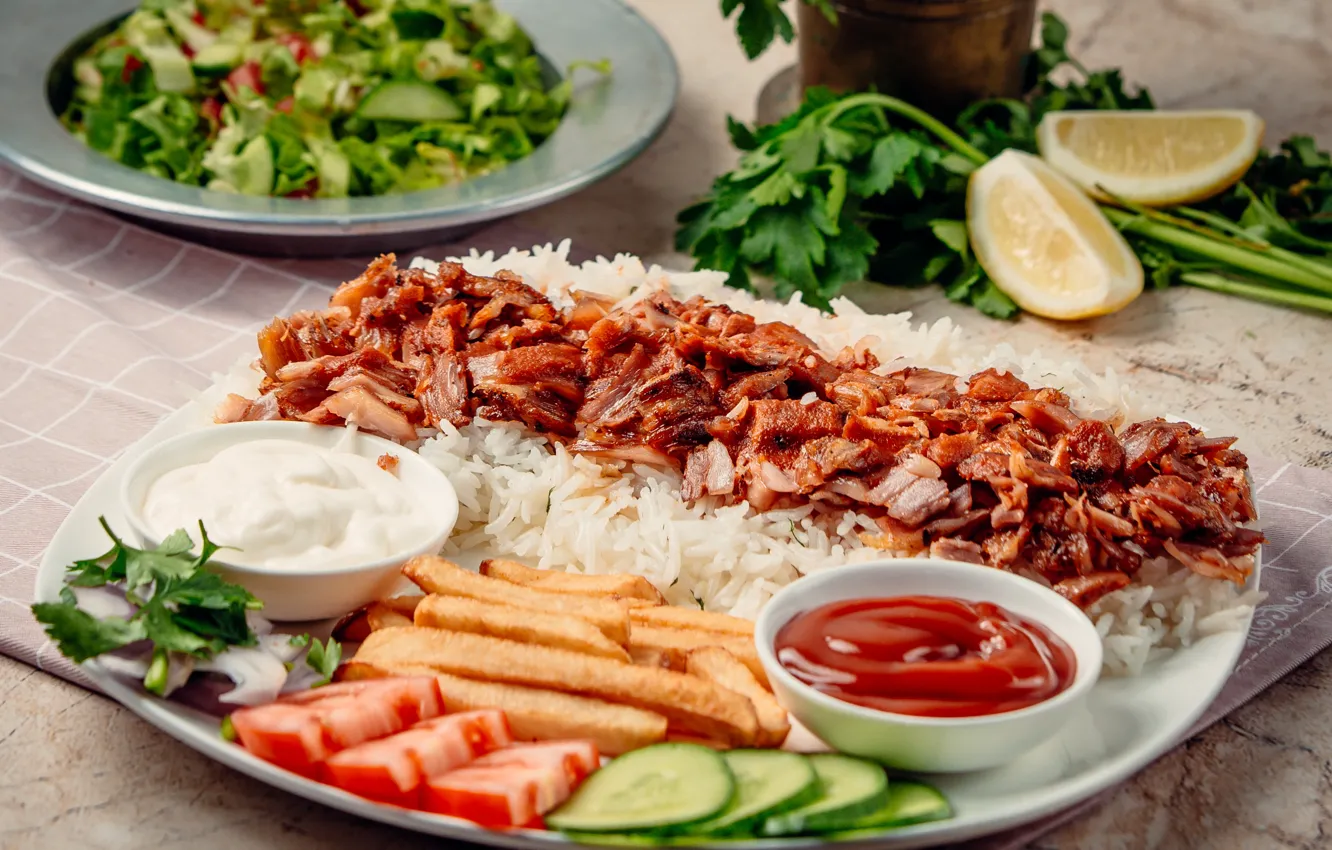 Фото обои lemon, rice, tomato, kebab, turkish cuisine
