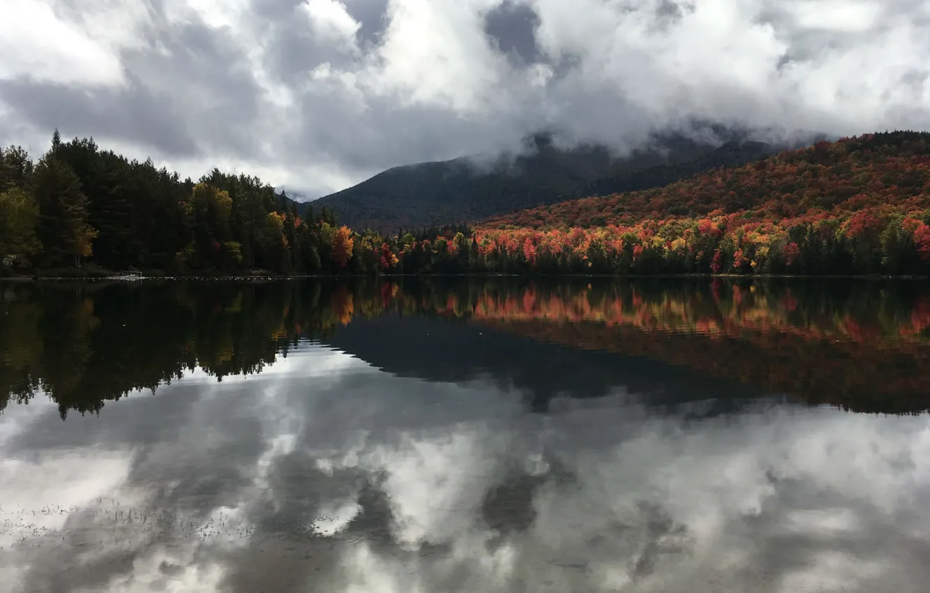 Фото обои autumn, clouds, lake, hill, autumn colors, fall, lakeshore, fall colors