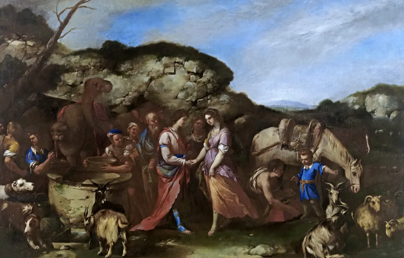 Фото обои картина, мифология, Лука Джордано, Исаак и Ревекка