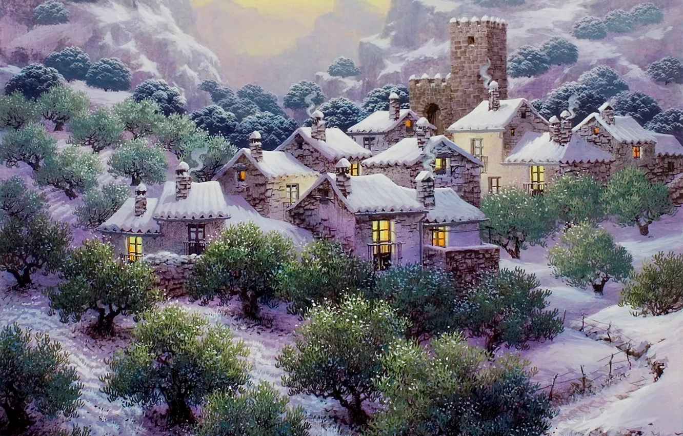 Фото обои снег, деревья, горы, домики, живопись, snow, painting, плантация