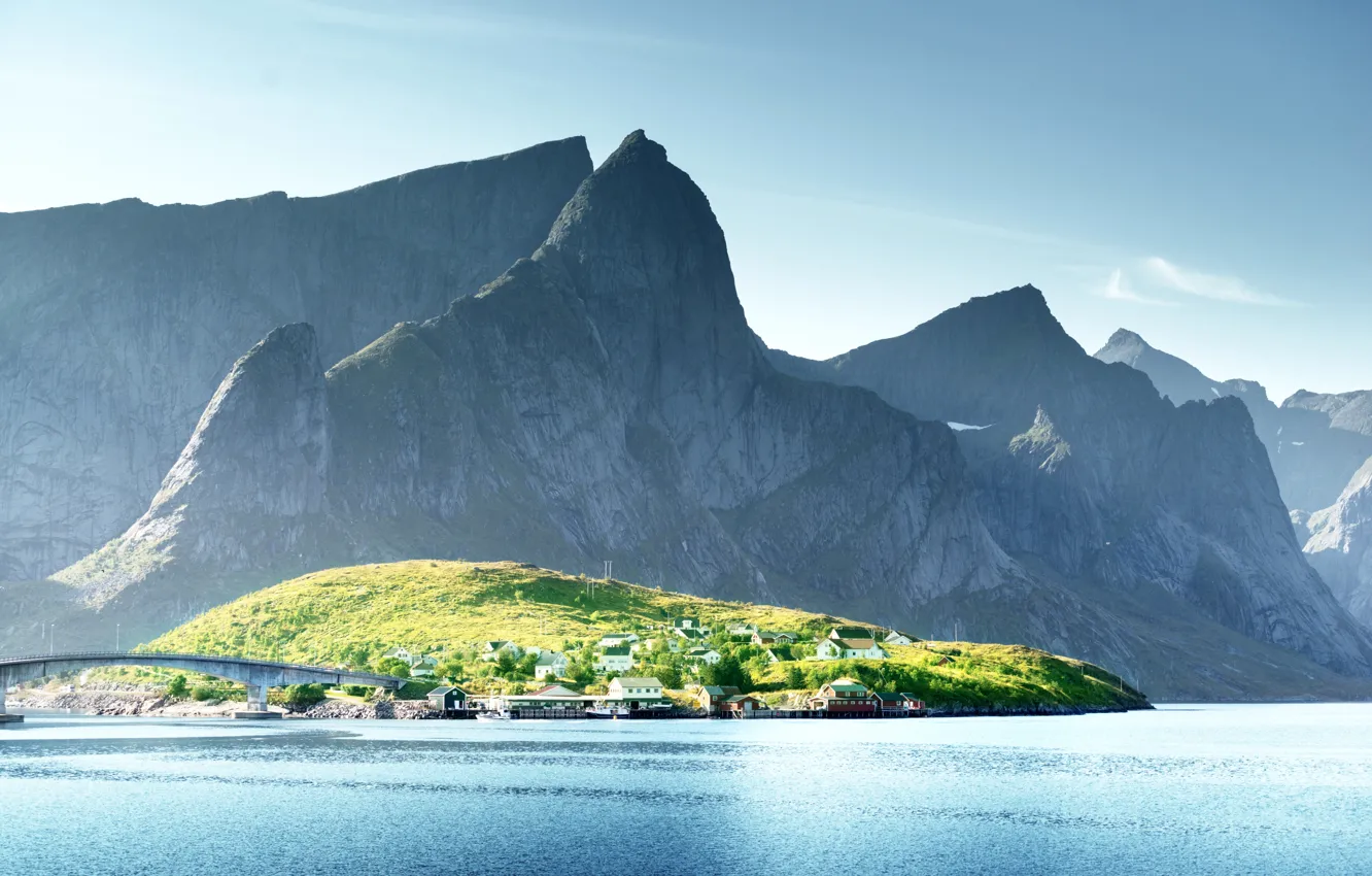 Фото обои Природа, Горы, Мост, Озеро, Норвегия, Lofoten Islands