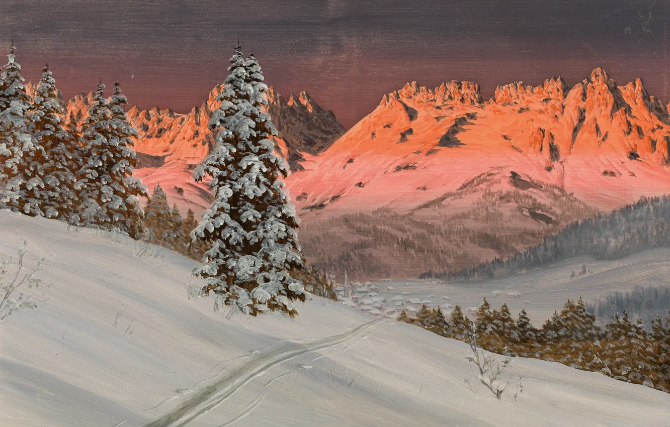 Фото обои Горы, Снег, Картина, Alois Arnegger, Ели, Алоис Арнеггер, Австрийский живописец, Зима в Китцбюэле