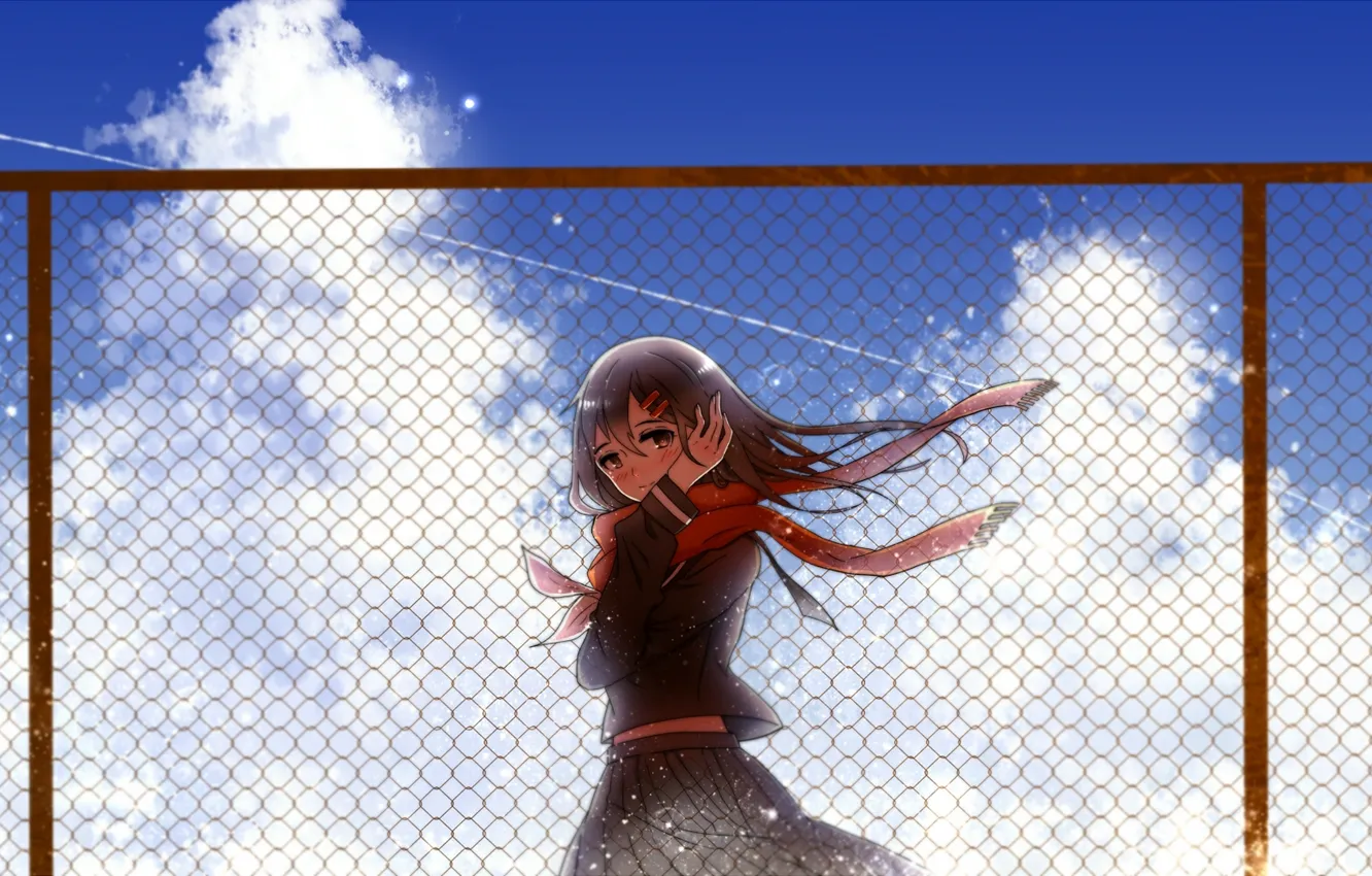 Фото обои небо, девушка, облака, забор, аниме, шарф, арт, kagerou project