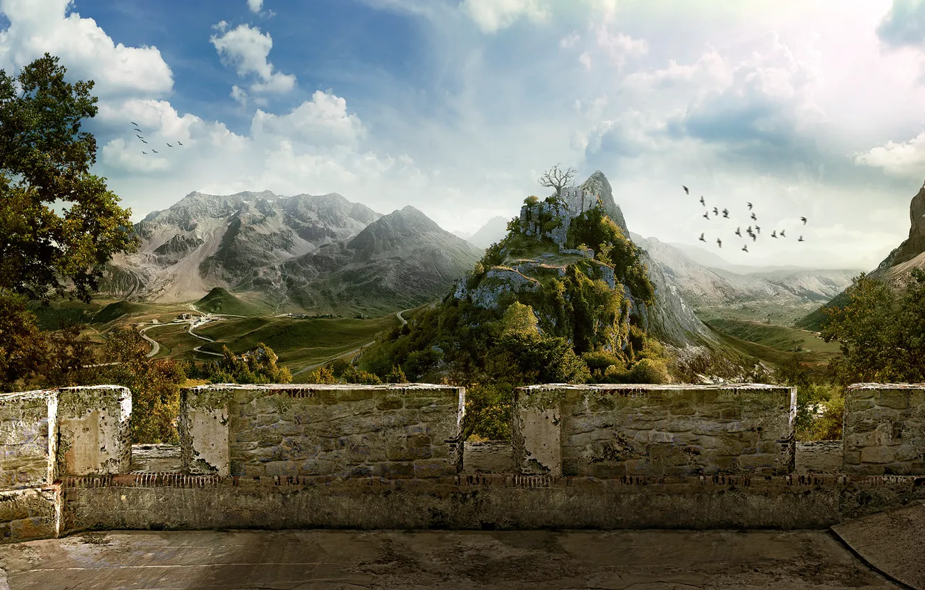 Фото обои небо, горы, птицы, стена, деревня, 151, Руины, Балкон