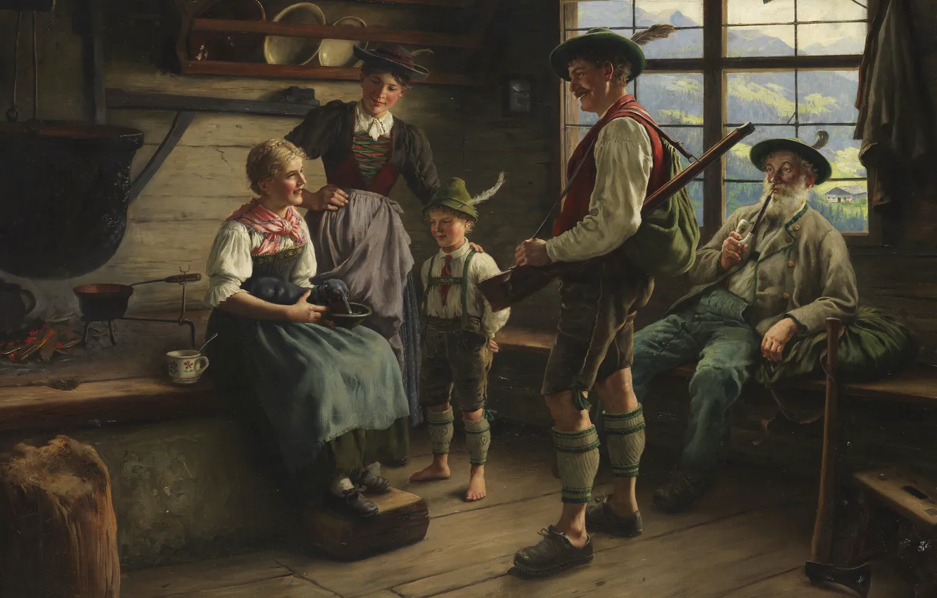 Фото обои 1919, German painter, немецкий живописец, Emil Rau, Эмиль Рау, Rast des Jägers auf der Alm, …