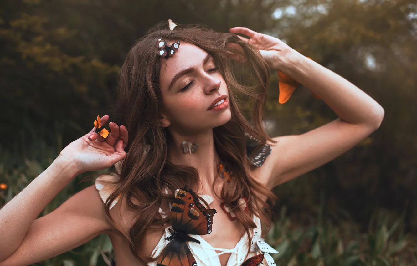 Фото обои девушка, бабочки, Aleah Michele, Garden dreams
