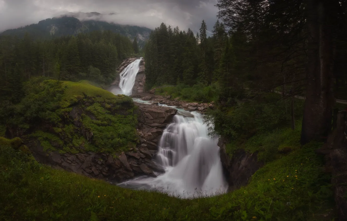 Фото обои лес, река, Австрия, водопады, Austria, Krimml Waterfalls, Река Кримлер-Ахе, Krimmler Ache River