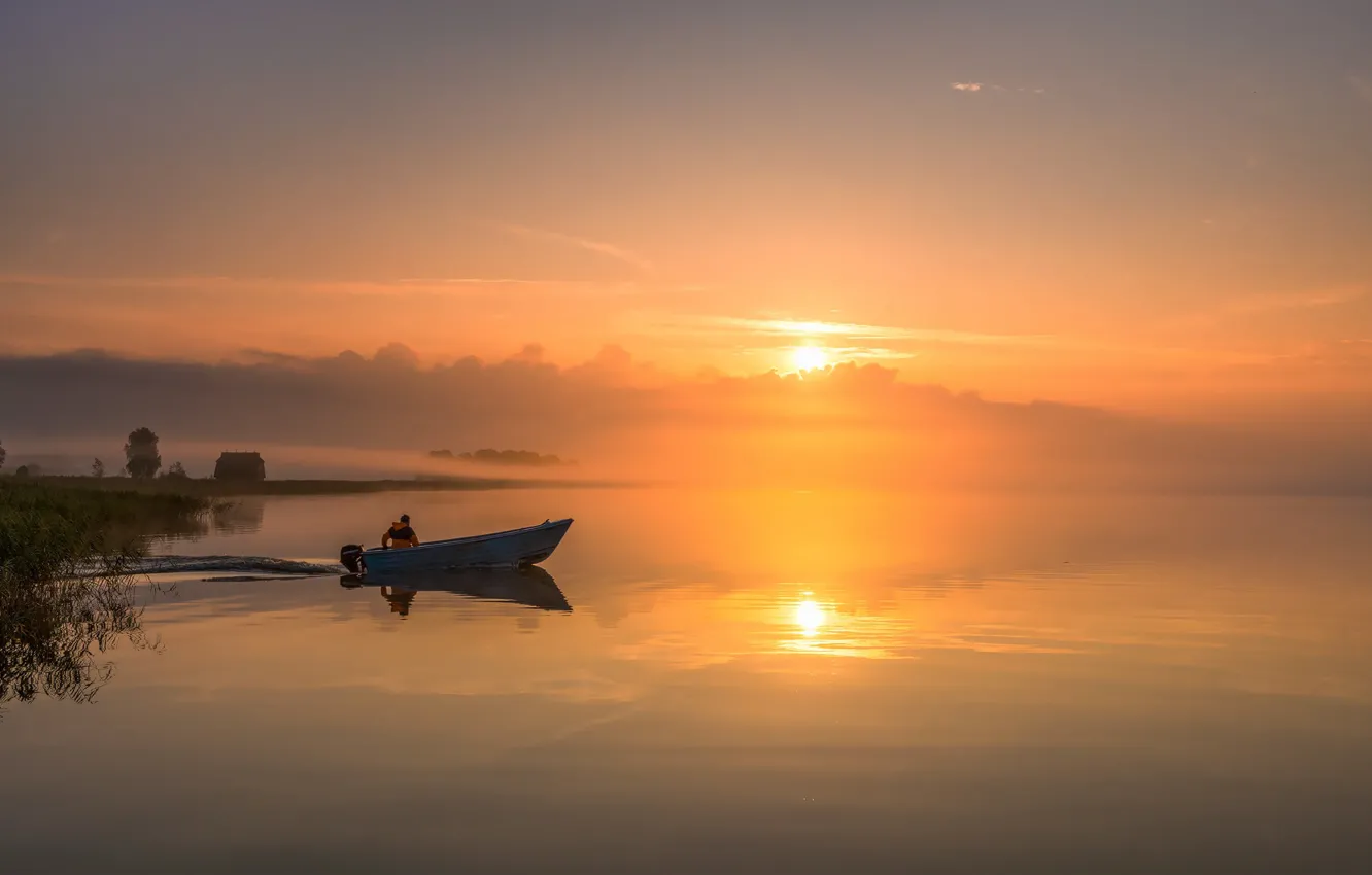 Фото обои море, восход, рассвет, лодка, утро