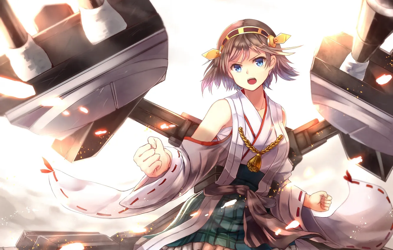 Фото обои взгляд, девушка, оружие, жест, недовольство, art, sakura ani, kantai collection