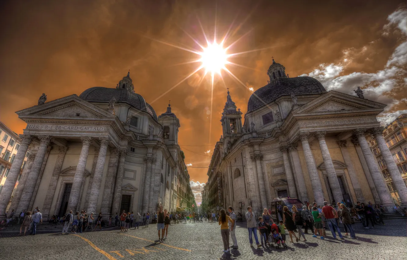 Фото обои небо, солнце, люди, улица, площадь, Рим, Италия, церковь