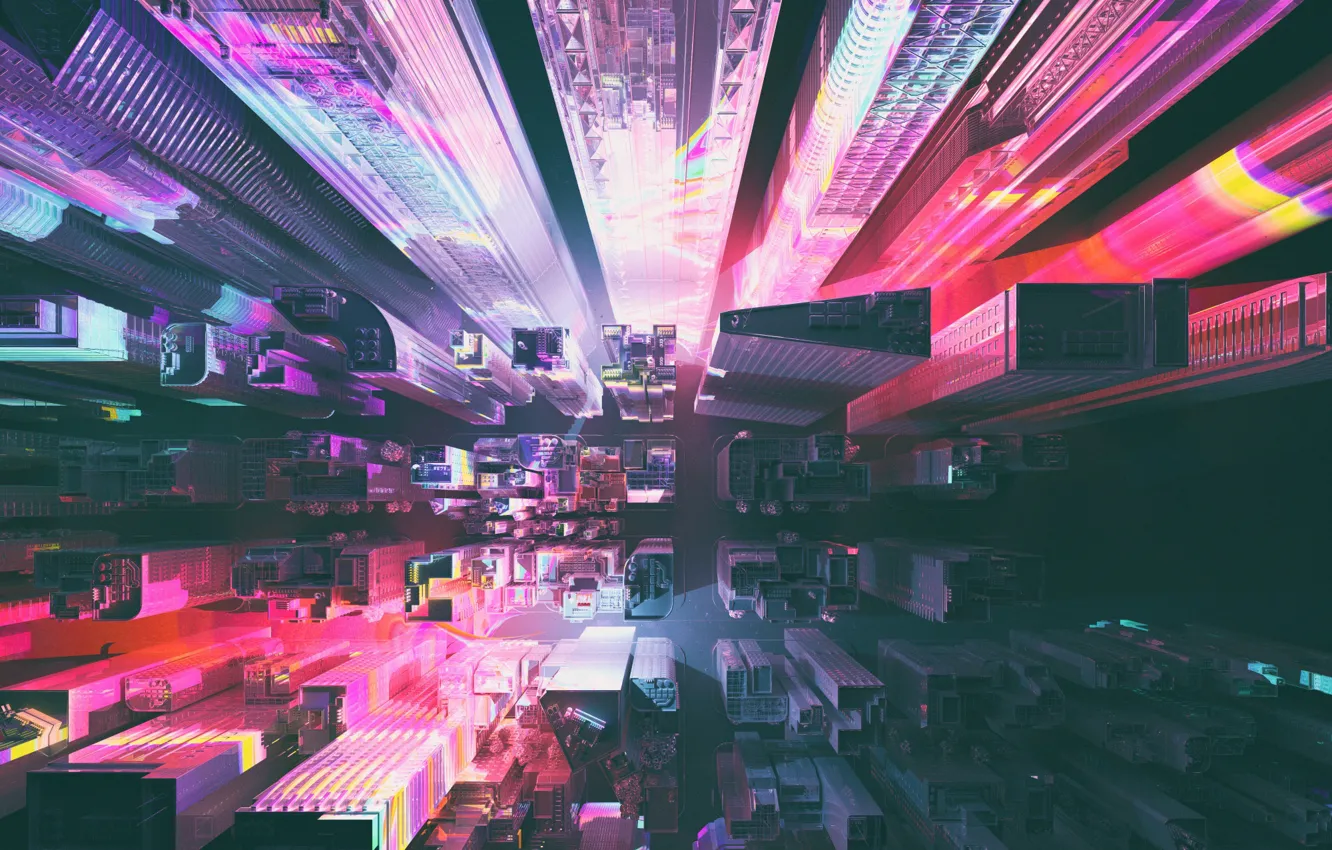 Фото обои город, музыка, рендеринг, фантастика, неон, вид сверху, art, Neon