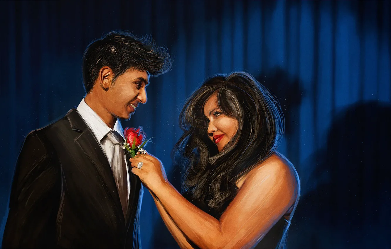 Фото обои девушка, пара, парень, красная роза, Digital Art, john aslarona, Обои рисованные