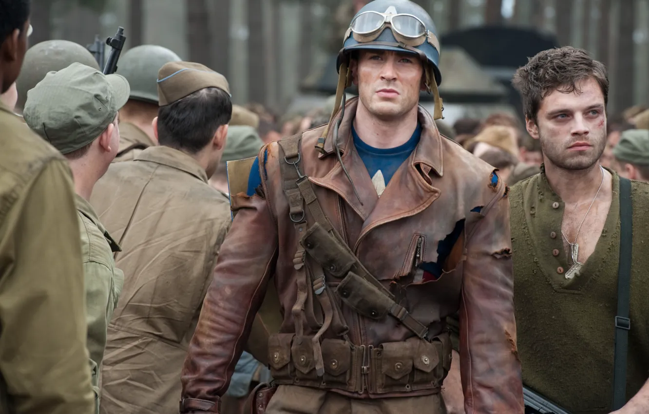 Фото обои оружие, фантастика, очки, куртка, солдаты, шлем, комикс, Captain America
