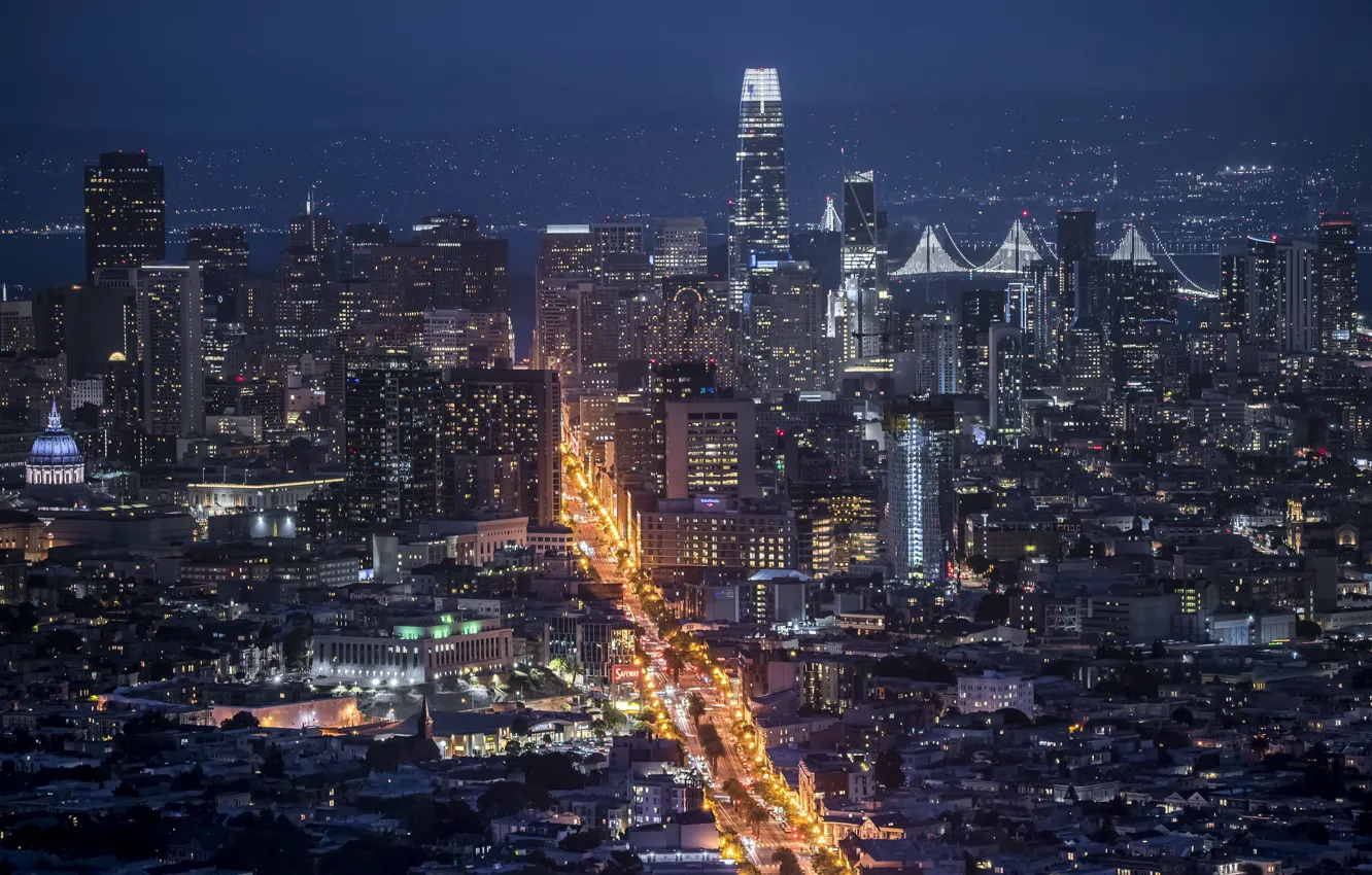 Фото обои огни, здания, небоскребы, панорама, USA, California, San Francisco