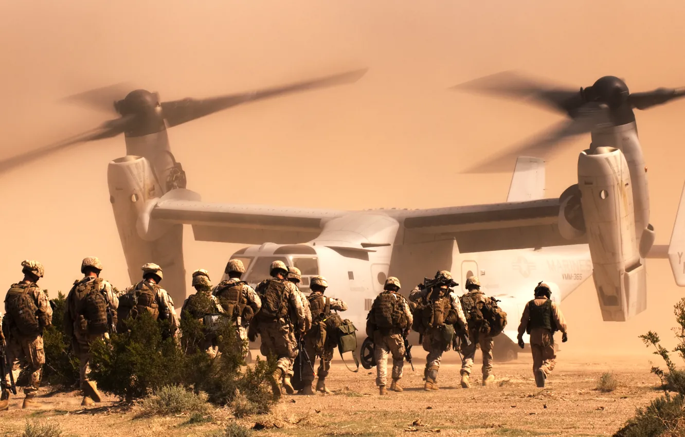 Фото обои пустыня, солдаты, конвертоплан, Osprey, морская пехота, Bell V-22