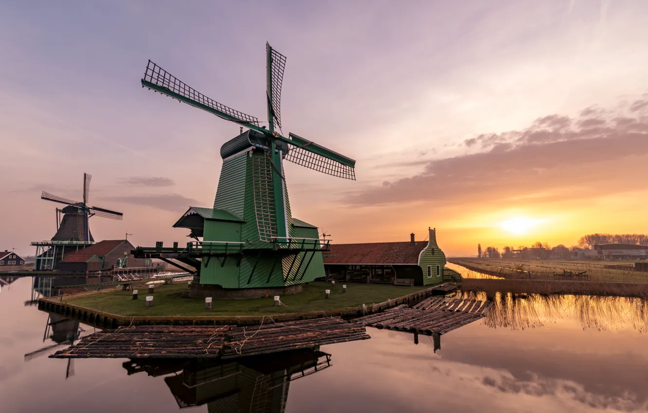Фото обои рассвет, утро, мельница, Нидерланды, Zaanse Schans