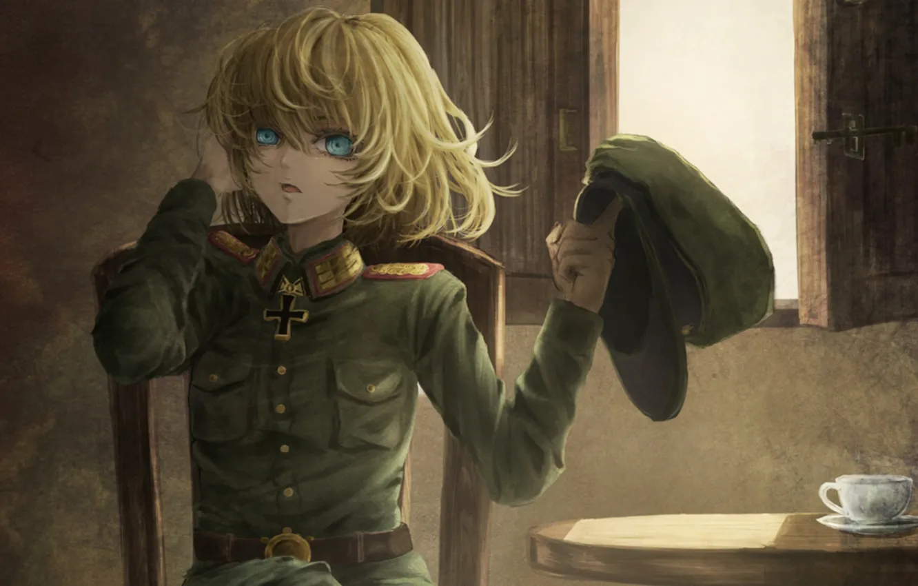 Фото обои girl, soldier, military, war, eyes, anime, cross, window