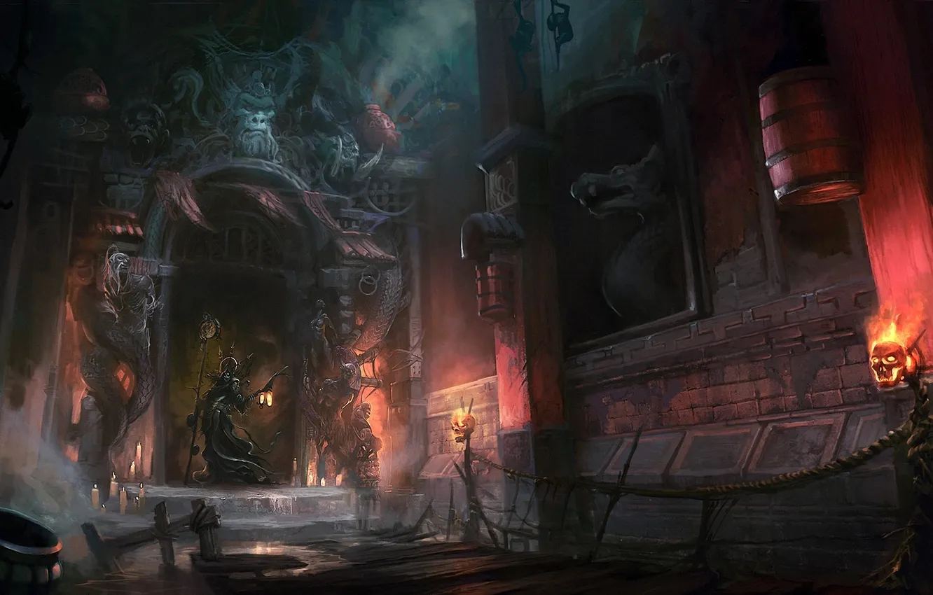 Фото обои замок, огонь, доски, череп, монстр, свечи, арт, арка