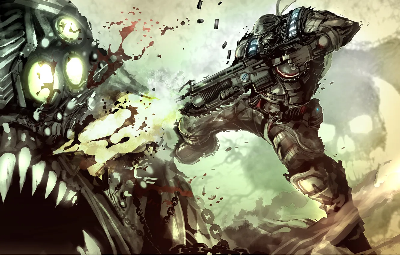 Фото обои череп, монстр, солдат, автомат, цепи, Gears of War, выстрелы, снаряжение