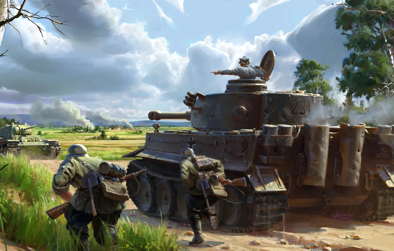 Фото обои German, Clouds, Tiger, Tree, Germany, Battlefield, World War 2, WW2