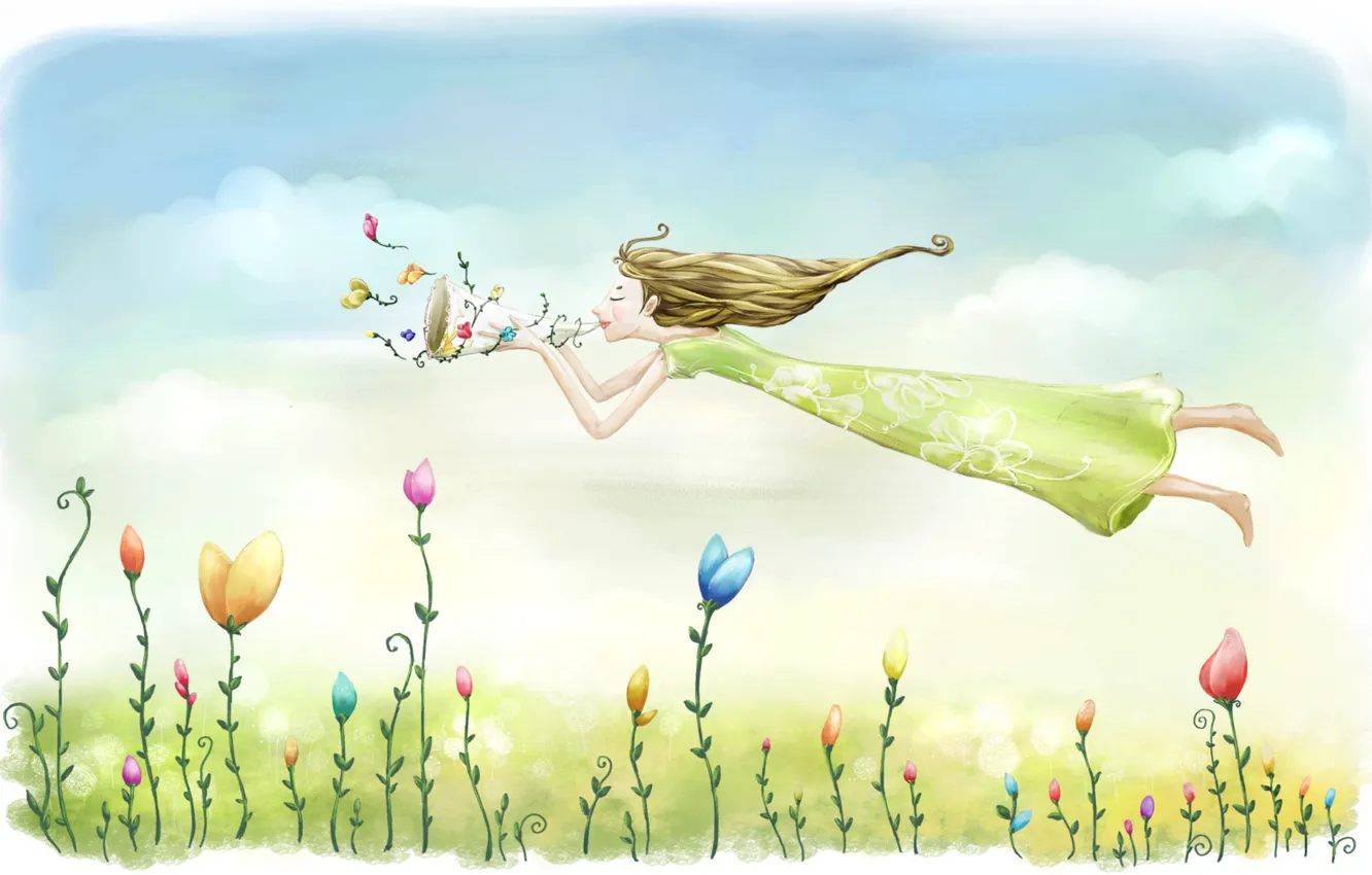 Фото обои небо, девушка, полет, цветы, настроение, рисунок, весна, луг