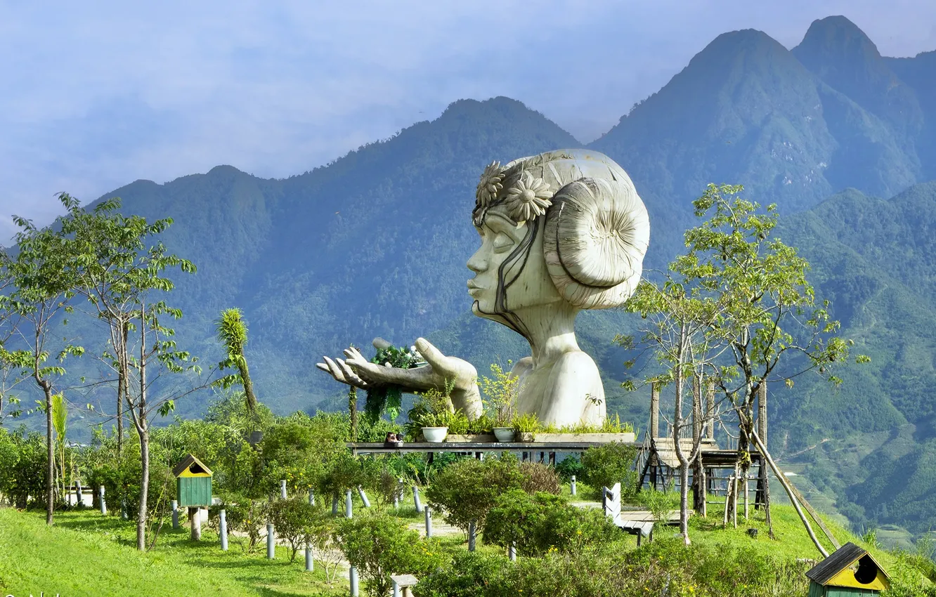 Фото обои девушка, горы, природа, руки, статуя