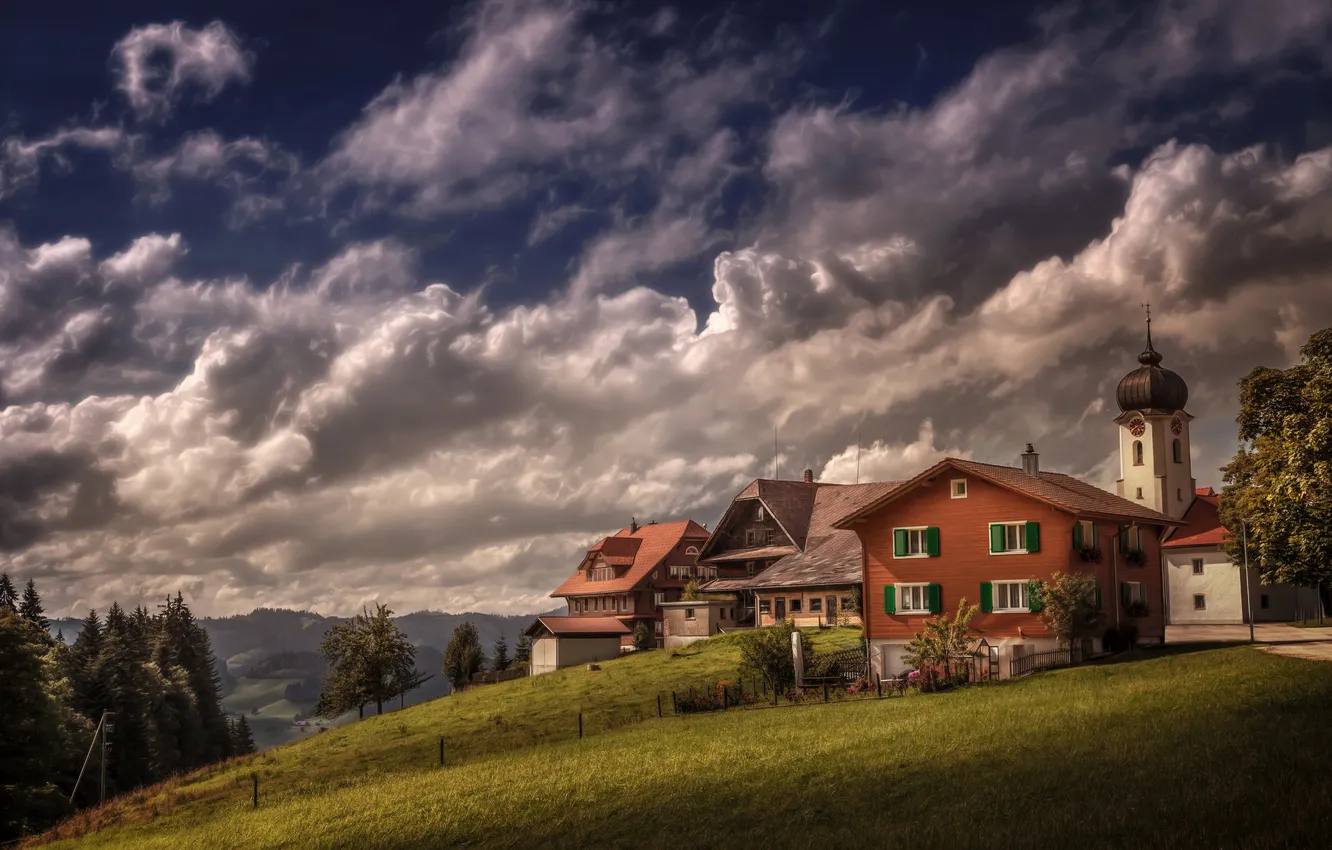 Фото обои трава, облака, деревья, горы, поля, дома, обработка, Швейцария
