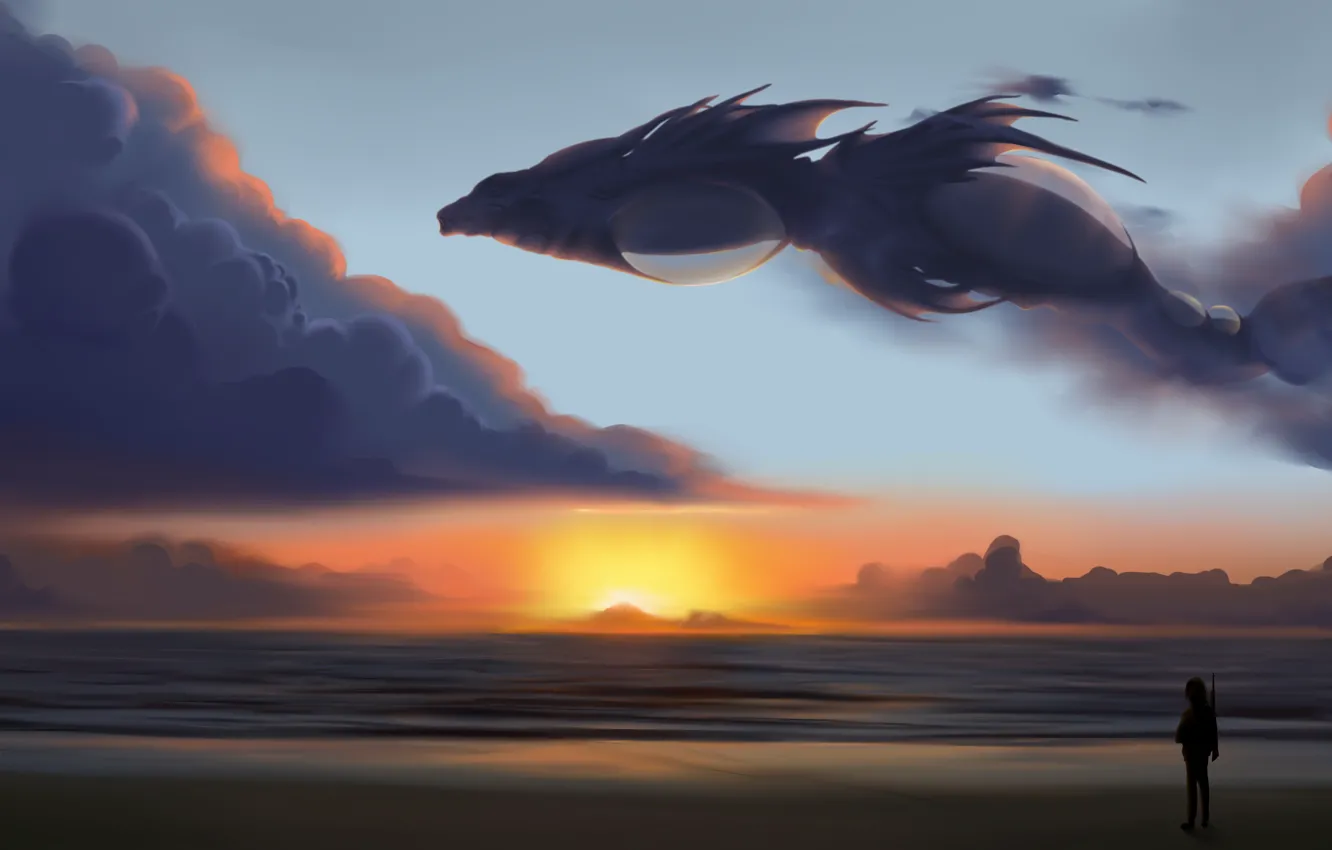 Фото обои fantasy, sky, sea, landscape, sunset, wings, clouds, dragon