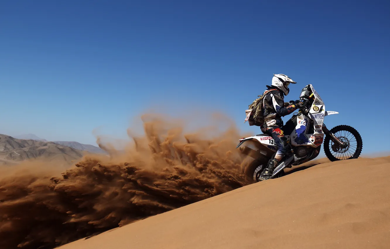 Фото обои песок, пустыня, мотоцикл, ралли, дакар