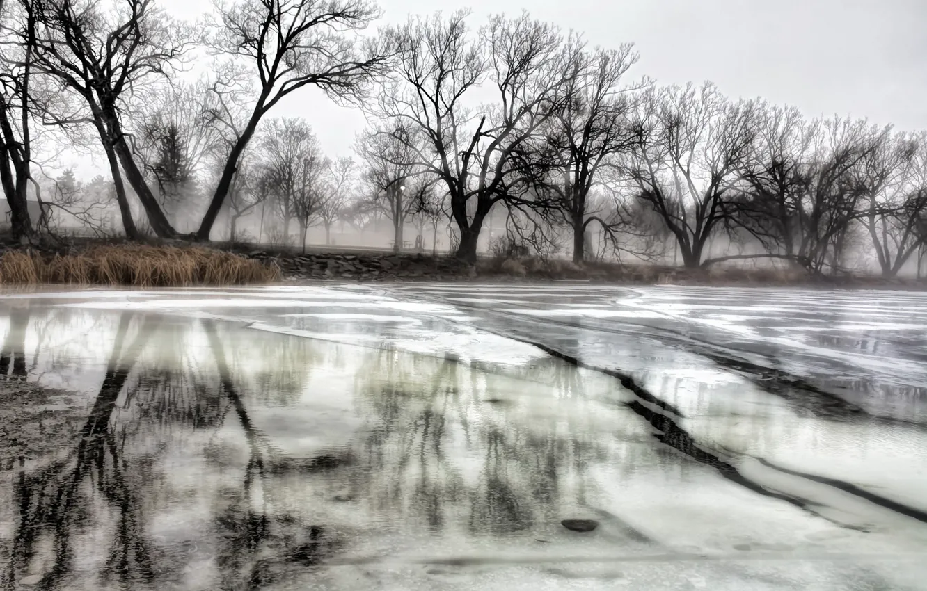 Фото обои зима, река, лёд
