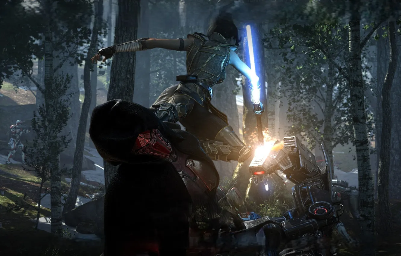 Фото обои лес, бой, мечи, джедай, ситх, поединок, Star Wars The Old Republic