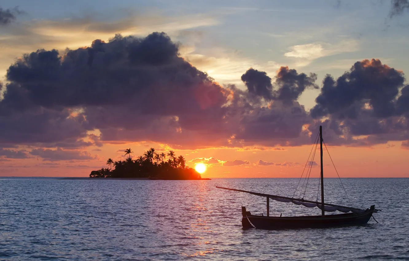 Фото обои закат, тропики, океан, лодка, остров, вечер