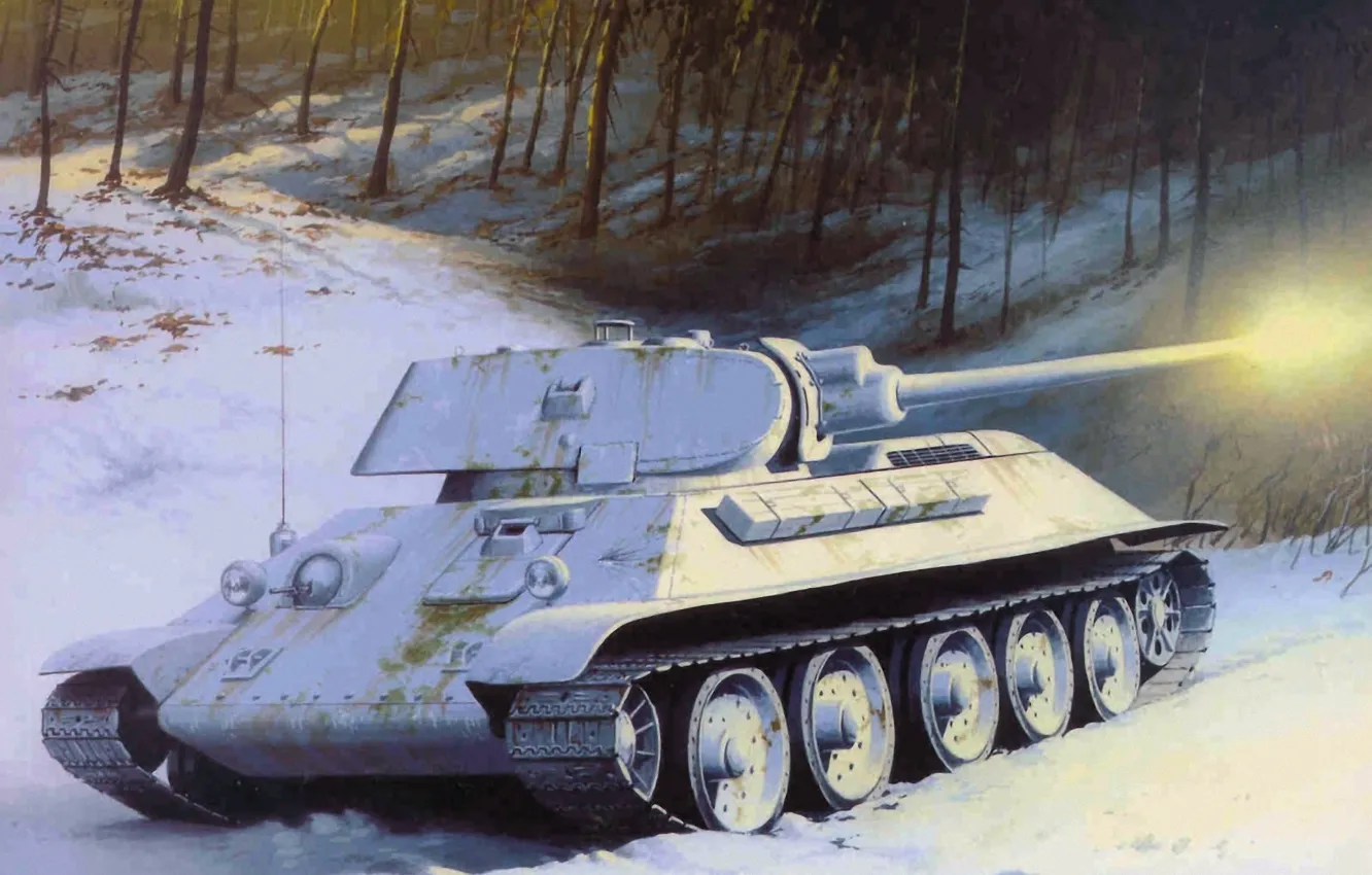 Фото обои зима, белый, снег, деревья, вспышка, выстрел, арт, танк