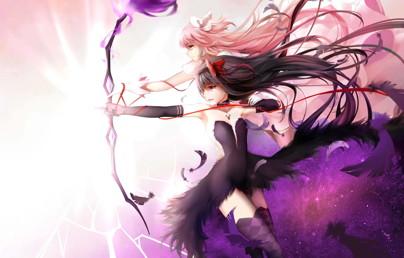 Фото обои улыбка, оружие, девушки, магия, лук, стрела, art, mahou shoujo madoka magica