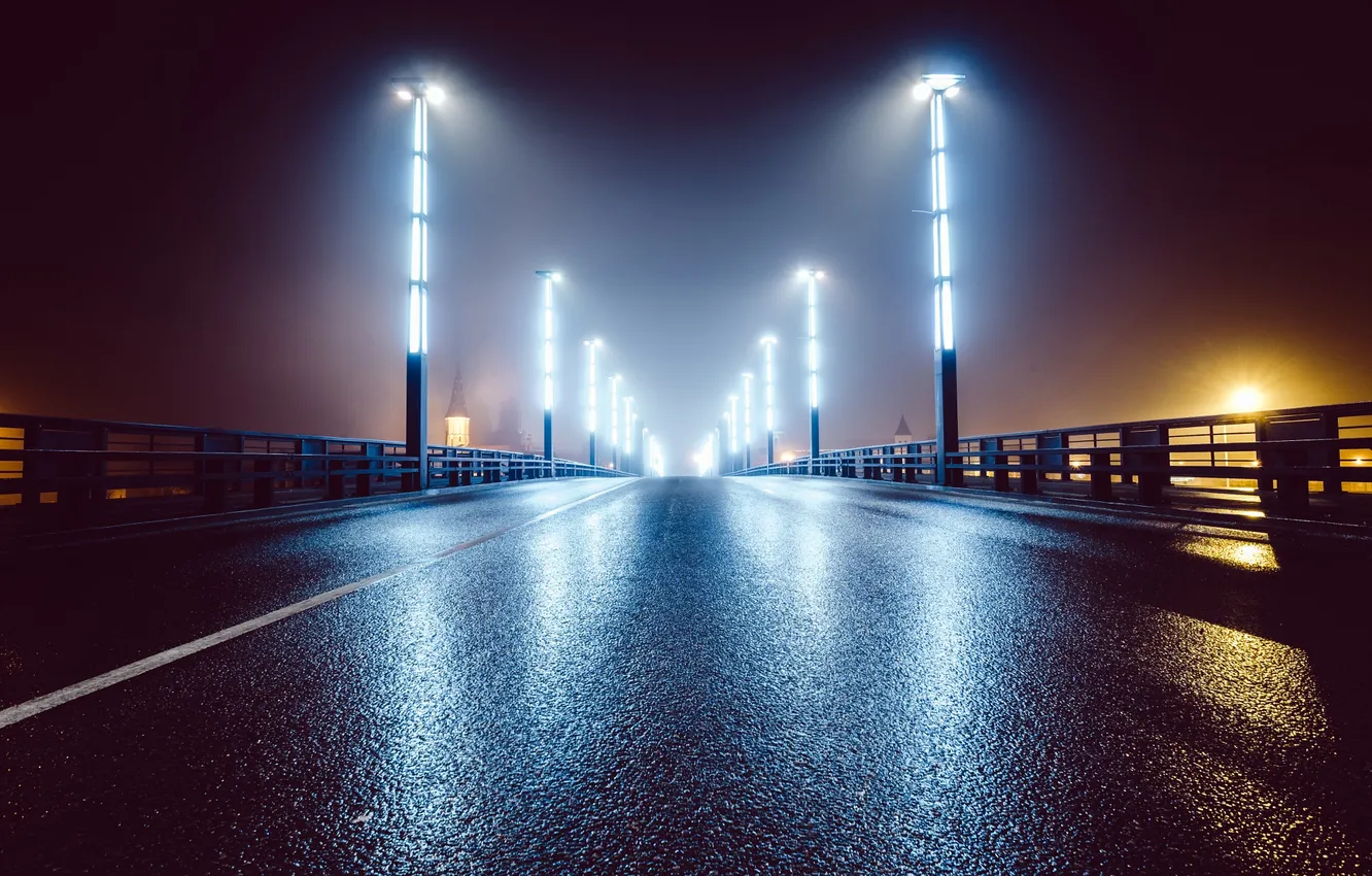 Фото обои дорога, свет, ночь, мост, Улица, фонари