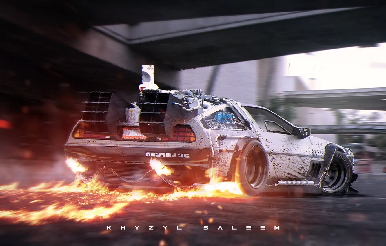 Фото обои пламя, серебристый, fire, road, DeLorean, DMC-12, rear, photoshop